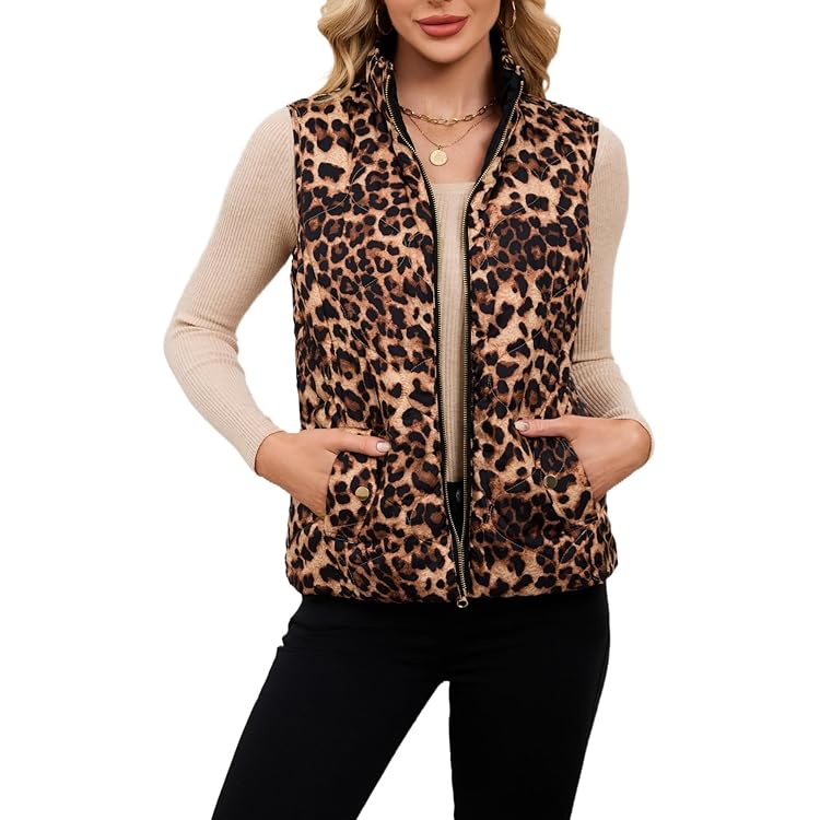 Hesaco Leopard Print Fleece Vest Women Faux Fur Vest Coat